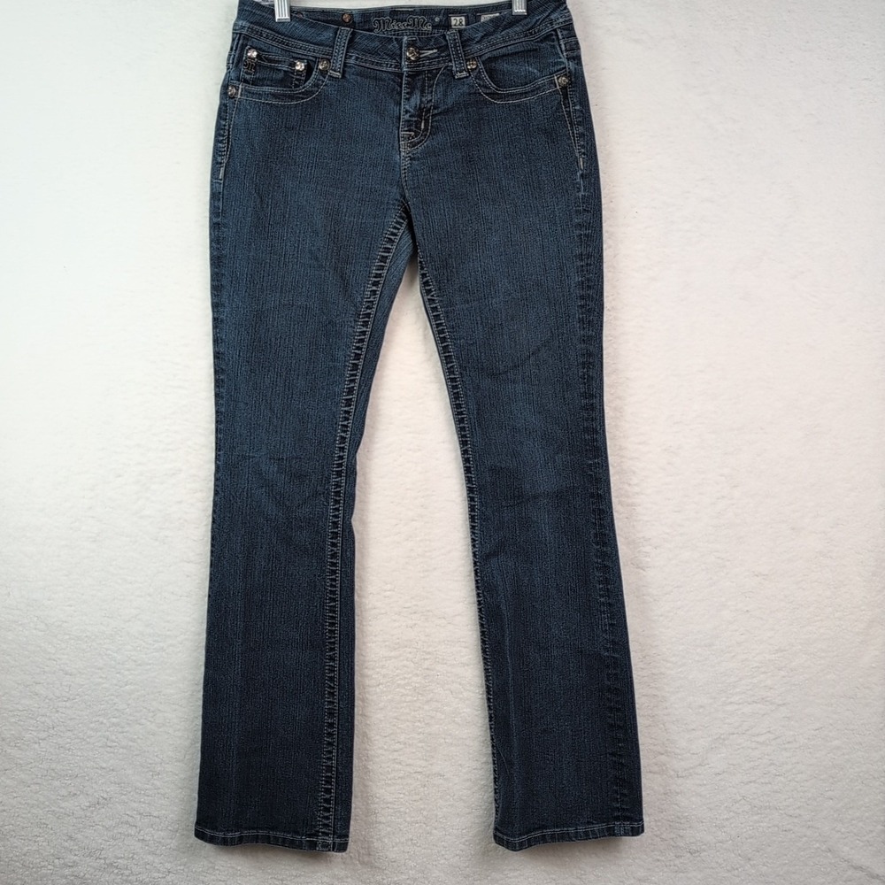 Miss Me Women's Easy Bootcut Embellished Pocket Flaps Distress‎ Jeans Sz 28x33